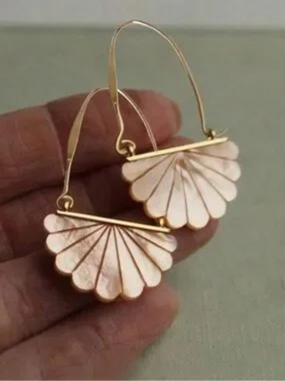 Gold and Pale Pink Shell Fan Hoop Earrings